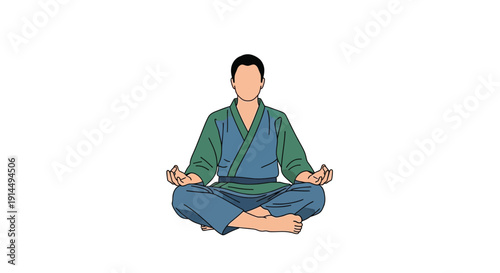 An illustration of a person sitting in a cross-legged meditation pose, wearing a blue and green robe, with hands in a mudra against a white background.
