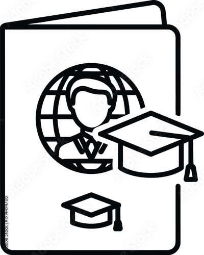 A simple line drawing of a document with graduation caps and a globe.