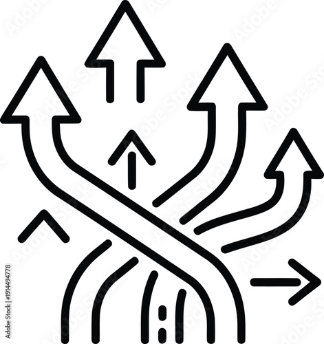 A simple line drawing of multiple arrows pointing in different directions, symbolizing choice and divergence.
