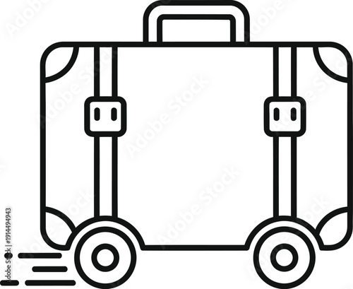 Simple black and white line drawing of a wheeled suitcase in motion.