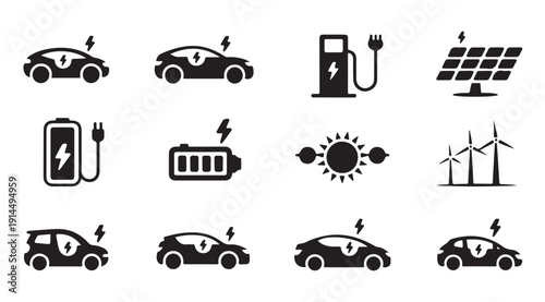 Electric vehicle and renewable energy icon set with cars, charging stations, and solar panels