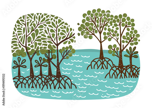 Vector illustration of a tree in a circle with sunlight, leaves, branches, grass, and natural landscape elements, eco nature symbol and spring forest design::
