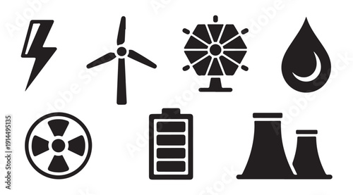 Energy source icons: electricity, wind, sun, water, nuclear, battery, factory