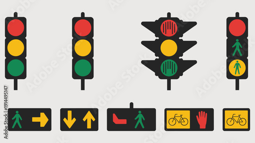 Road safety traffic light signal icon set, featuring red, yellow, and green lights, vector illustrations for traffic control, city planning, transportation design, driver education