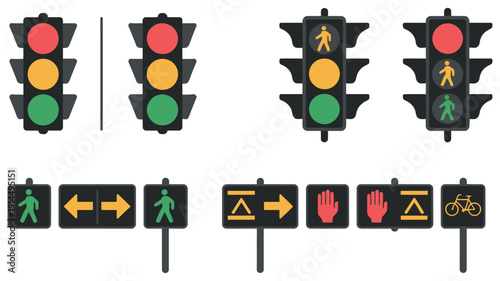 Traffic light signals for road safety control, red, yellow, and green lights vector icons, perfect for traffic management, urban planning, driver awareness, road safety education