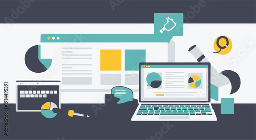 Office desk with laptop monitor and charts