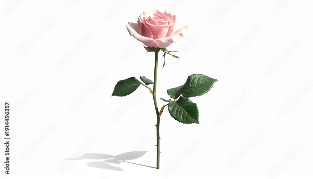 Fototapeta premium Delicate blush pink rose with vibrant green leaves standing gracefully on a pure white background