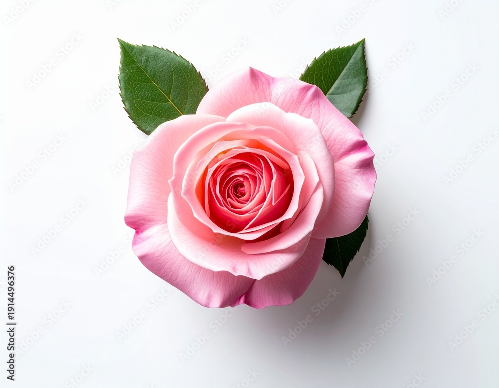 Naklejka premium Vibrant pink rose blossom with lush green leaves gracefully resting on a pure white background, symbolizing affection and beauty