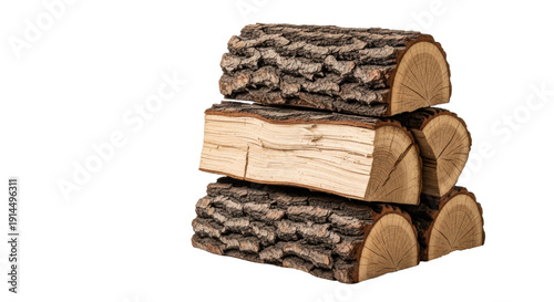 Wallpaper Mural stack of three split oak firewood logs showing rough dark bark and pale grain, isolated on a transparent studio background with ample copy space, concept of rustic natural warmth Torontodigital.ca