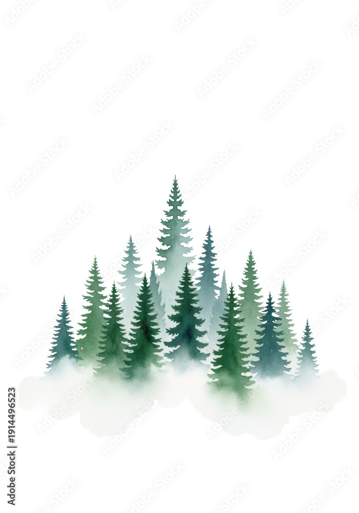 Fototapeta premium delicate watercolor illustration of layered evergreen pine trees with soft edges, isolated on transparent copy space with ethereal mist. Concept of quiet solitude