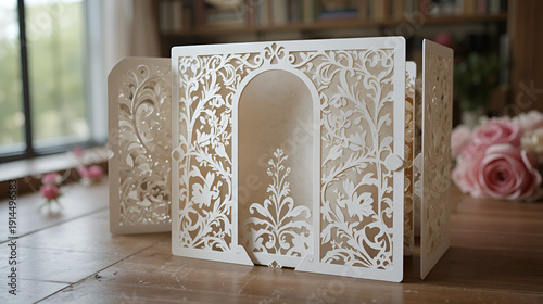 Gate fold laser cut wedding invitation card template.