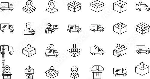 Delivery logistics line icons set, courier truck package symbols, shipping outline collection, location tracking parcel service vector illustration bundle pack