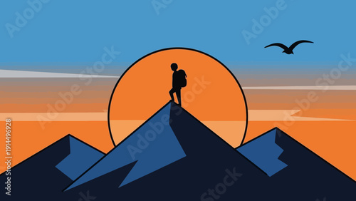 A lone hiker stands triumphantly on a majestic mountain summit, silhouetted by a vibrant sunset, embodying achievement, adventure, and the spirit of exploration