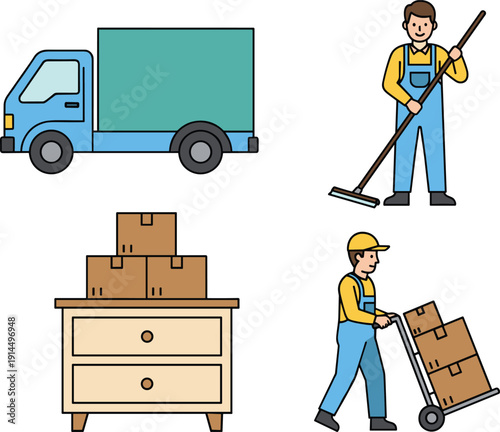 Delivery service icons set with truck, worker, boxes and cleaning staff illustration, logistics moving concept flat vector design collection