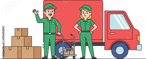 Delivery service workers with truck and packages illustration, courier team logistics transport concept, moving shipping vector, professional relocation service design
