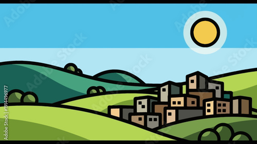 Charming vector illustration of a serene rural village with simple houses on rolling green hills, under a blue sky and bright sun, an idyllic countryside landscape
