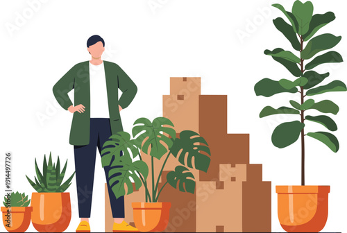 Man standing with houseplants and moving boxes during home relocation, indoor plant transport and packing concept, flat vector illustration design