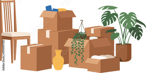 Moving boxes with furniture and indoor plants illustration, home relocation packing scene, household items storage flat vector design concept