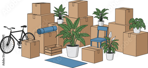 Moving boxes with houseplants illustration, relocation packing concept, bicycle furniture yoga mat chair, minimalist home moving storage vector design set