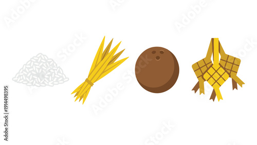 Raw Ketupat Ingredient and Rice Cake Preparation Icon Set