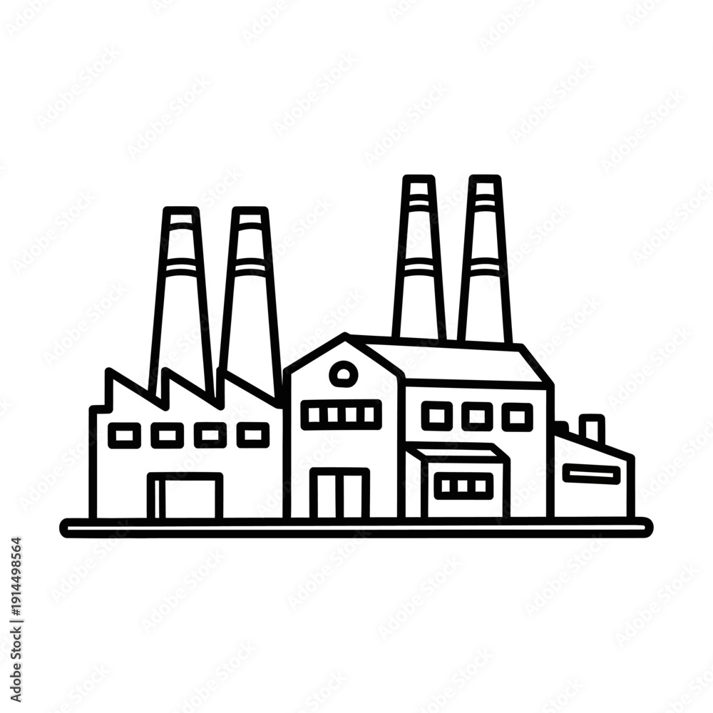 Obraz premium Minimalist Line Drawing of Industrial Factory Building with Smoke Stacks