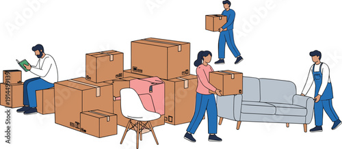 Team moving house illustration, people carrying cardboard boxes, sofa relocation, packing furniture, home shifting concept, delivery service, minimal flat design