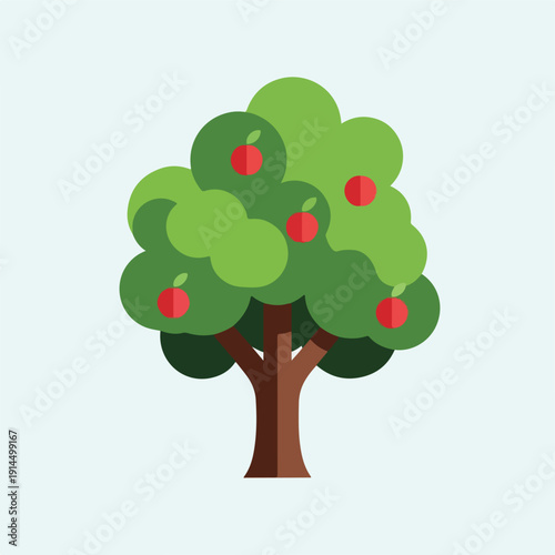 A flat-design illustration of a tree bearing red apples