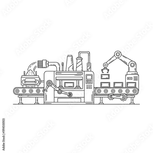 Industrial Manufacturing Process Illustration with Conveyor Systems and Robotics