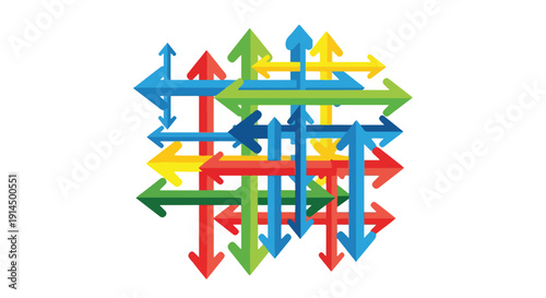 A geometric abstract of overlapping colorful arrows against white background
