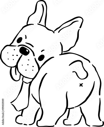 Grumpy French Bulldog with tie Outline standing showing butt cartoon hand drawn