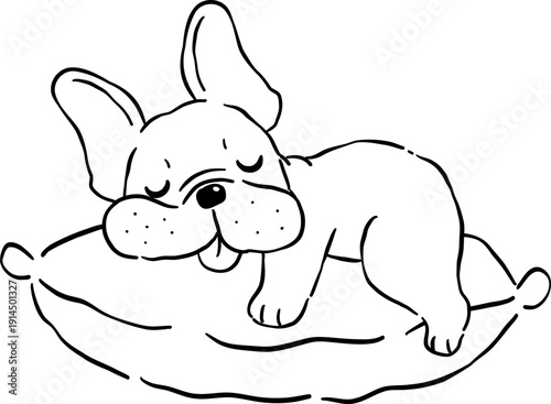 Sleeping french bulldog WFH Tongue Out Outline on pillow hand drawn frenchie derp dog 