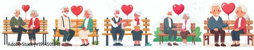 vector of old couple sitting on park bench giving valentine love balloon
