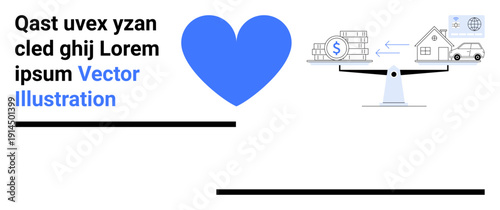 Financial management, decision-making, priorities, budgeting, work-life balance, investments. A blue heart beside a scale showing financial balance. Financial management and decision-making concept