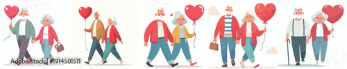vector old couple walking holding valentine love balloon