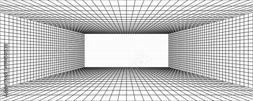 Room projection grid in futuristic 3d style. Outline futuristic grid background, room projection. Wireframe grid template in perspective view