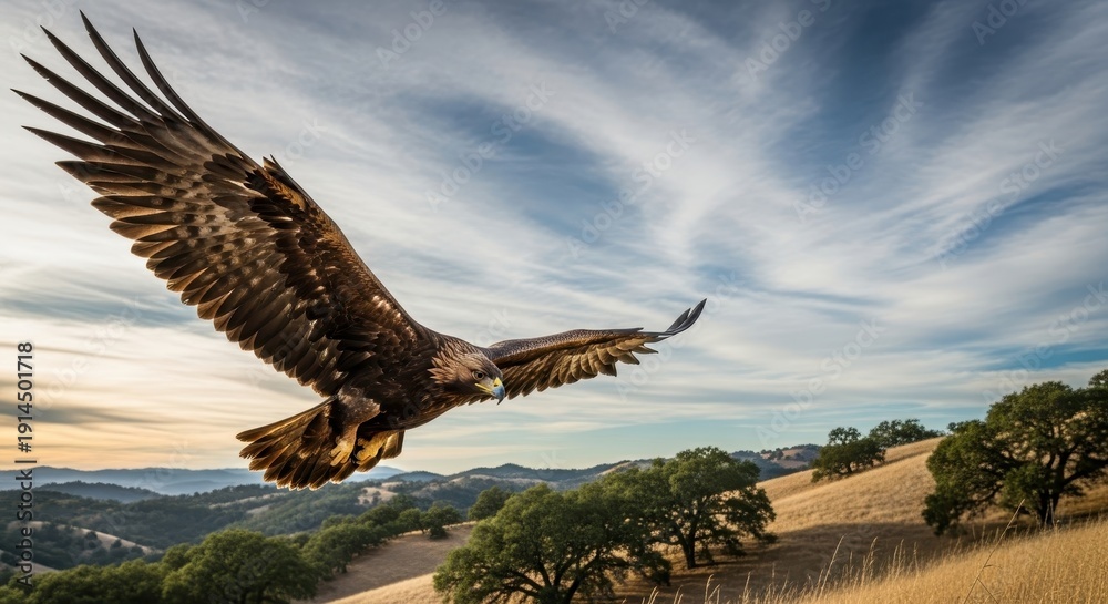 Fototapeta premium Golden Eagle Soaring Above the Rolling Hills at Sunset.