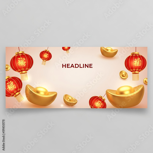 Golden ingots and Red Lanterns celebration banner with headline space