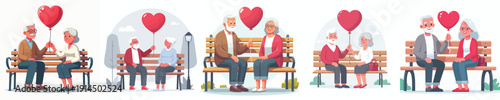 vector of old couple sitting on park bench giving valentine love balloon