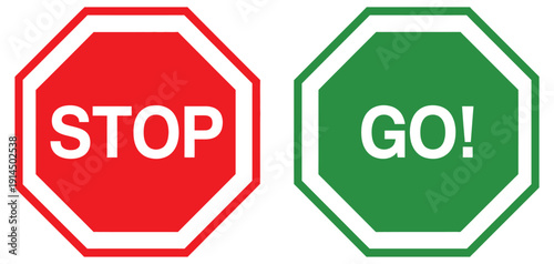 Stop sign and go sign vector icon set, including red stop and green go traffic symbols, perfect for road safety, traffic control, driver awareness, city planning, 