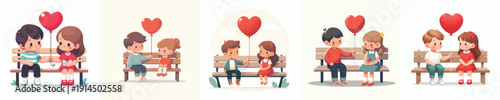 vector of little couple sitting on park bench giving valentine love balloon