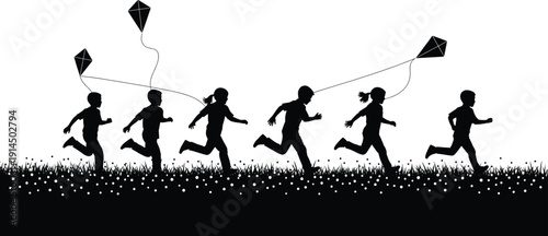 Children running with kites silhouette vector illustration, happy kids playing outdoors on grassy field, summer breeze, freedom, childhood joy, outdoor fun and activity concept