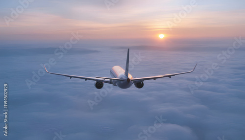 Commercial jet plane flying away into the sunset above a thick layer of white clouds, passenger aircraft in flight during golden hour, air travel and global logistics concept, aerial perspective
