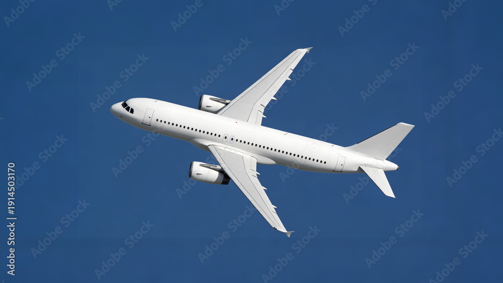 Obraz premium Bottom view of white passenger jet plane flying across clear sky. Commercial aircraft during flight. Minimalist aviation background for travel, logistics, and business transportation concept.