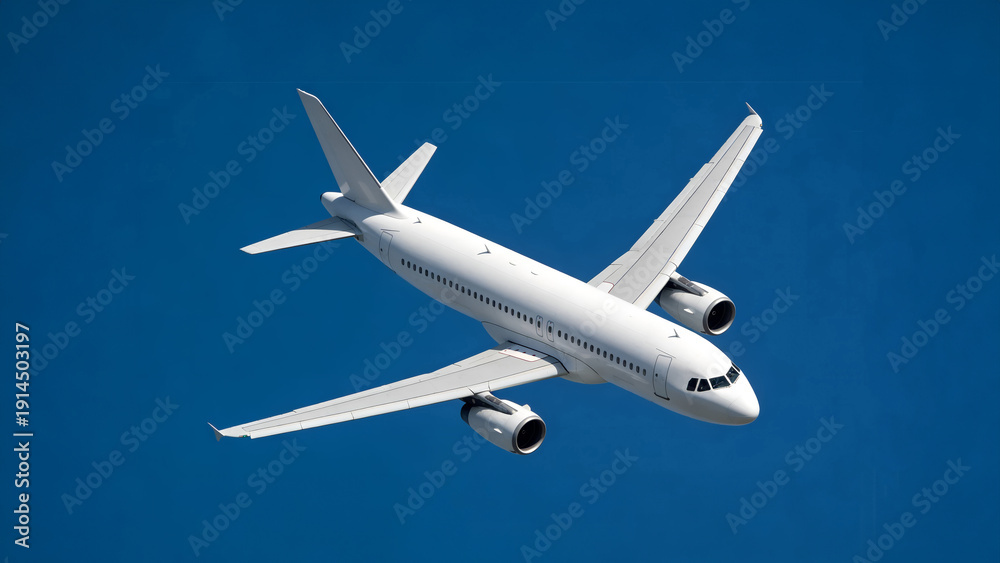 Obraz premium Angled side view of white commercial jet airplane flying in deep blue sky. Modern passenger aircraft in flight. Concept of global travel, airline industry, and high speed transportation.