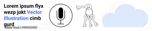 Data security, cloud storage, voice recognition, online privacy, key management, digital technology. Microphone, keys cloud icon in clean design. Data security and cloud storage concept