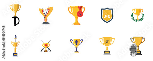 Fencing Trophy Icons Flat Design Sports Award Collection Vector