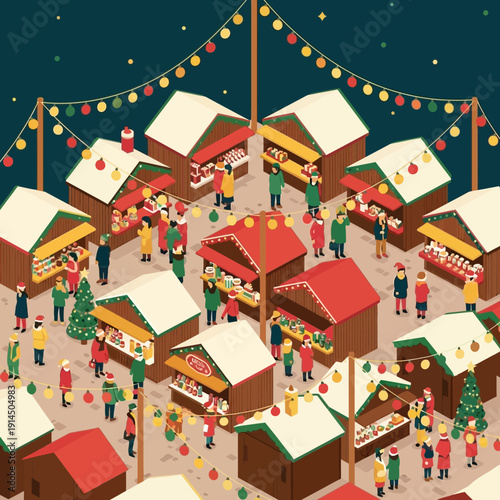 Vibrant Christmas Market Scene with Colorful Stalls and Shoppers.