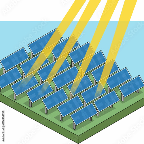 Solar panels arranged in a grid on a green field absorbing sunlight.
