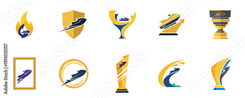 Jet Ski Trophy Collection Flat Design Water Sports Award Icons Vector