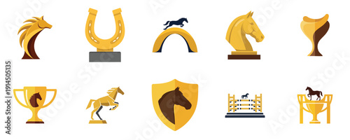 Equestrian Trophy Collection Flat Design Horse Sports Award Icons Vector